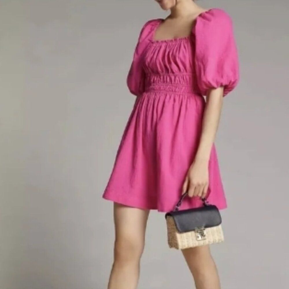 Like New! Anthropologie Maeve Hot Pink Dress with Puff Sleeves and Tie Back M